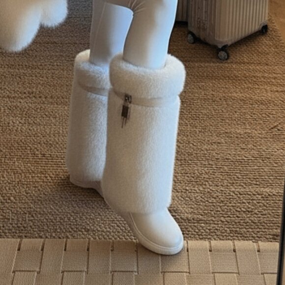 Beige Outdoor Women's Fluffy Knee Snow Boots - Picture 2 of 5